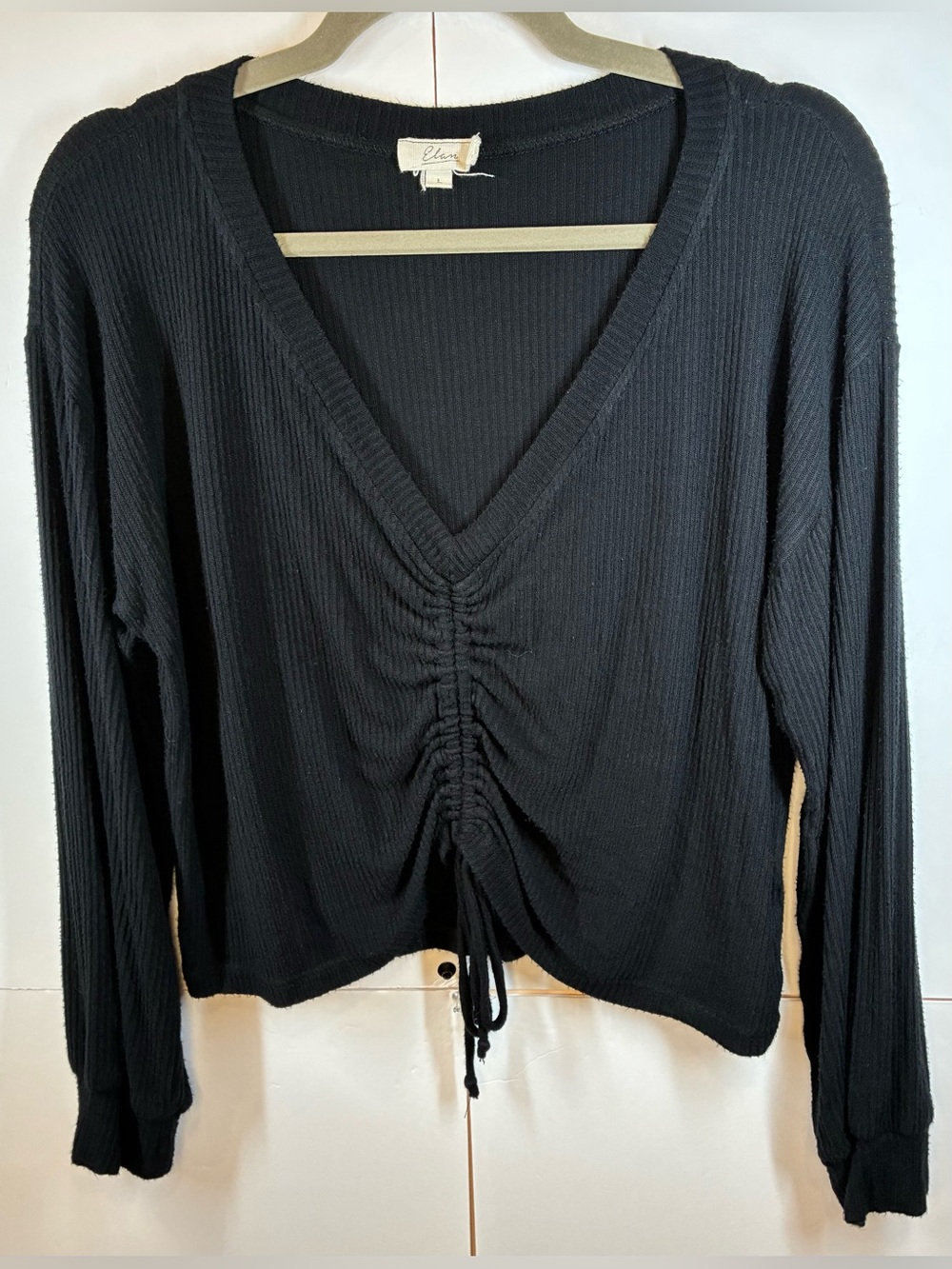 Elan Black Ribbed Ruched Drawstring V-Neck Long Sleeve Top Size Large